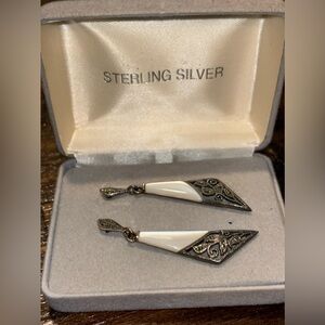 Sterling Silver & Marcasite with White Mother of Pearl Leaf Dangle Earrings